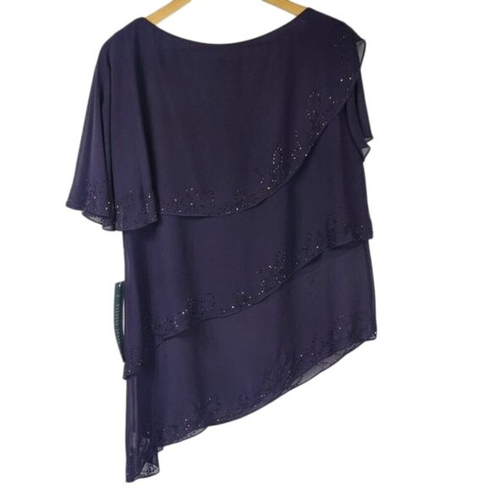 Coldwater Creek Tiered Chiffon Boatneck Blouse 14‎ Purple Beaded Asymmetrical - Picture 2 of 11